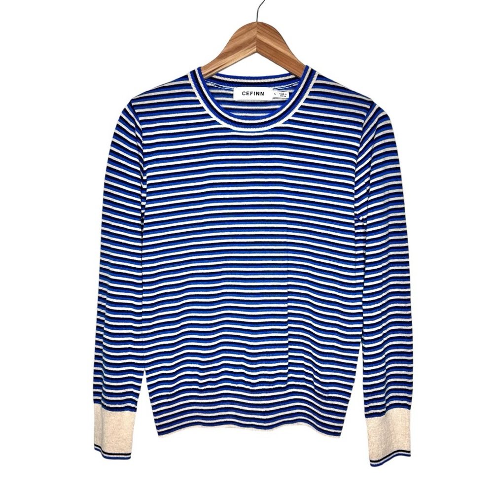 Cefinn Merino Wool Cotton Striped Jodi Sweater Top Small Blue Cream Black Crew